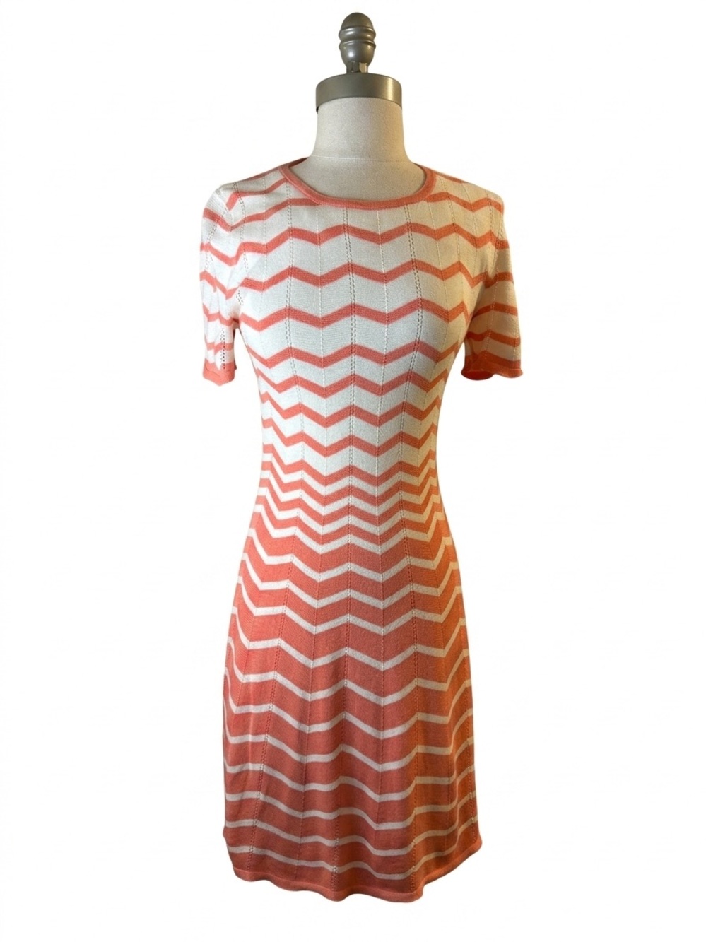 Trina Turk Coral and White Chevron Knit Midi Dress